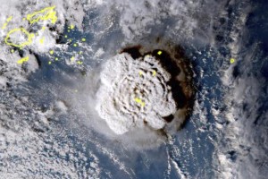 This satellite image made by the Japanese weather satellite Himawari-8 shows the eruption of the Hunga Tonga-Hunga Ha’apai undersea volcano at the Pacific nation of Tonga on Saturday, Jan. 15, 2022. The volcano shot millions of tons of water vapor high up into the atmosphere according to a study published Thursday, Sept. 22, 2022, in the journal Science. Researchers estimate the event raised the amount of water in the stratosphere - the second layer of the atmosphere, above the range where humans live and breathe - by around 5%. (Japan Meteorology Agency via AP)