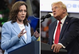 This combination of photos taken at campaign rallies in Atlanta shows Vice President Kamala Harris on July 30, 2024, left, and Republican presidential candidate former President Donald Trump on Aug. 3. (AP photo)