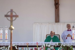 Pope Francis, flanked by Archbishop Diego Ravelli, right, presides over the Sunday mass at the Sir John Guise Stadium in Port Moresby, Papua New Guinea, Sunday, Sept. 8, 2024. (AP photo/Mark Baker)