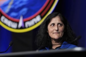 Astronaut Suni Williams talks to reporters during a press conference at NASA's Johnson Space Center in Houston in March 2025. (Ashley Landis/AP)