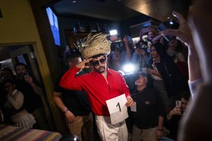 Abdul Ramirez Arroyave, known as Abdul Bunny, a professional impersonator, competes in a Bad Bunny look-alike contest at Tacolicious in San Francisco on Thursday, Feb. 5, 2026. (Beth LaBerge/KQED)