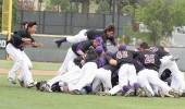 Nothing sweeter: Ramsey Abushahla (left) and Mike Vinyard (airborne center) jump onto the dog pile of teammates as they celebrate their championship victory over Pomona-Pitzer on Sunday afternoon. This is the Kingsmen’s first SCIAC title since 2001.
Photo courtesy of Tracy Maple - CLU Sports Photographer