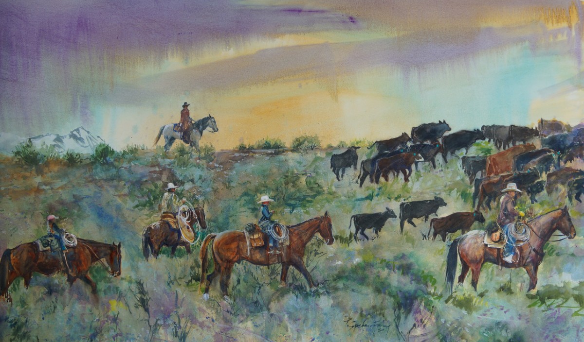 Terry Spehar-Fahey, Dana's Herd, watercolor on Arches 156 lb CP paper,  28 x 48 inches unframed